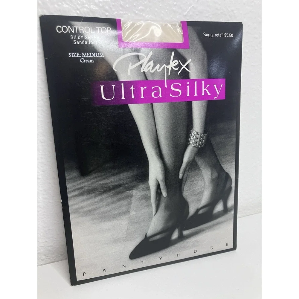 Vintage Playtex Ultra Silky Pantyhose Medium Cream Control Top Sandalfoot 90s